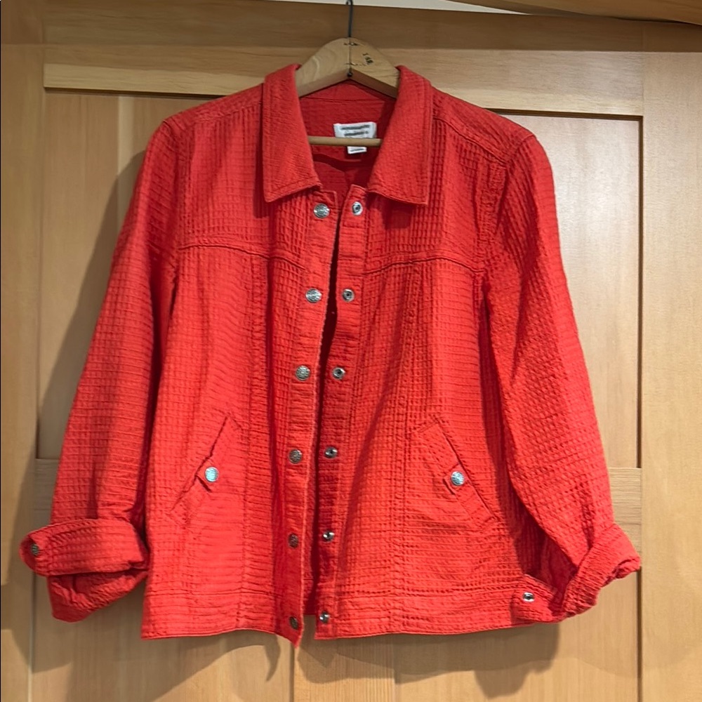 Christopher & Banks Red Jean Jacket with Classic Collar and Textured Fabric